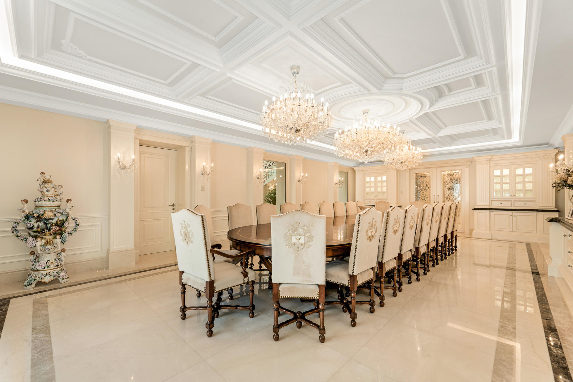 Formal Dining Hall with Crystal Chandeliers